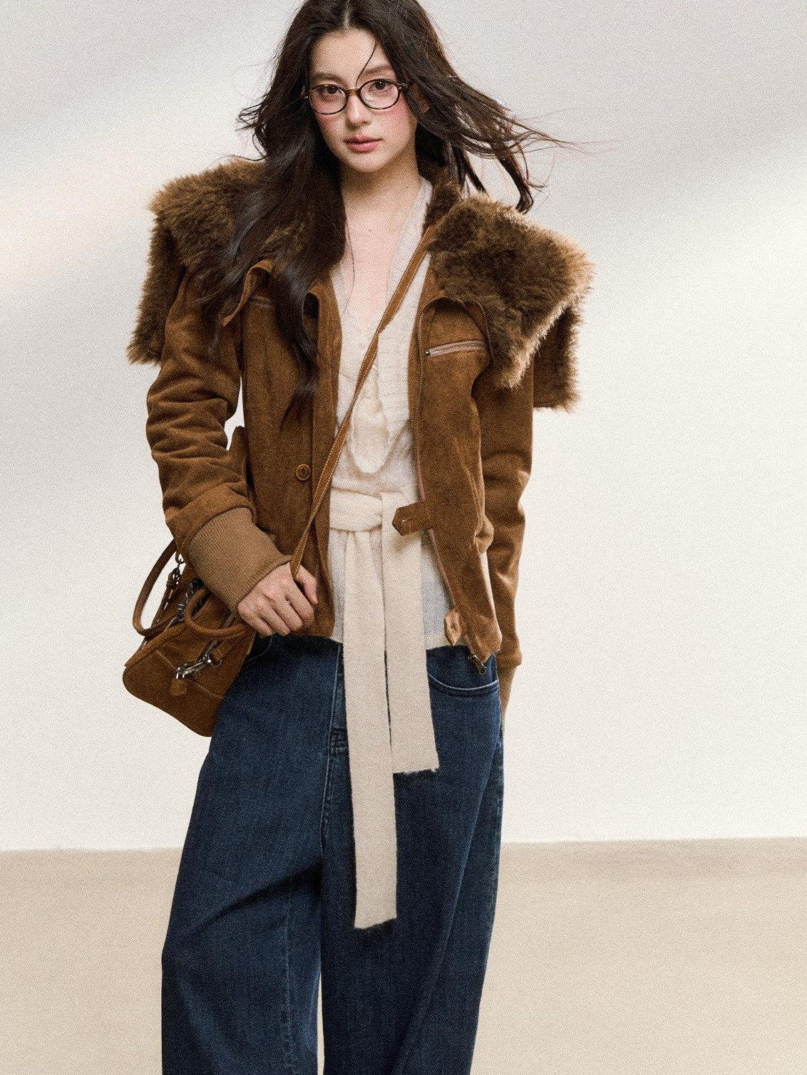 7Shiftin Brown Fur Collar Spliced Slim Cropped Women&