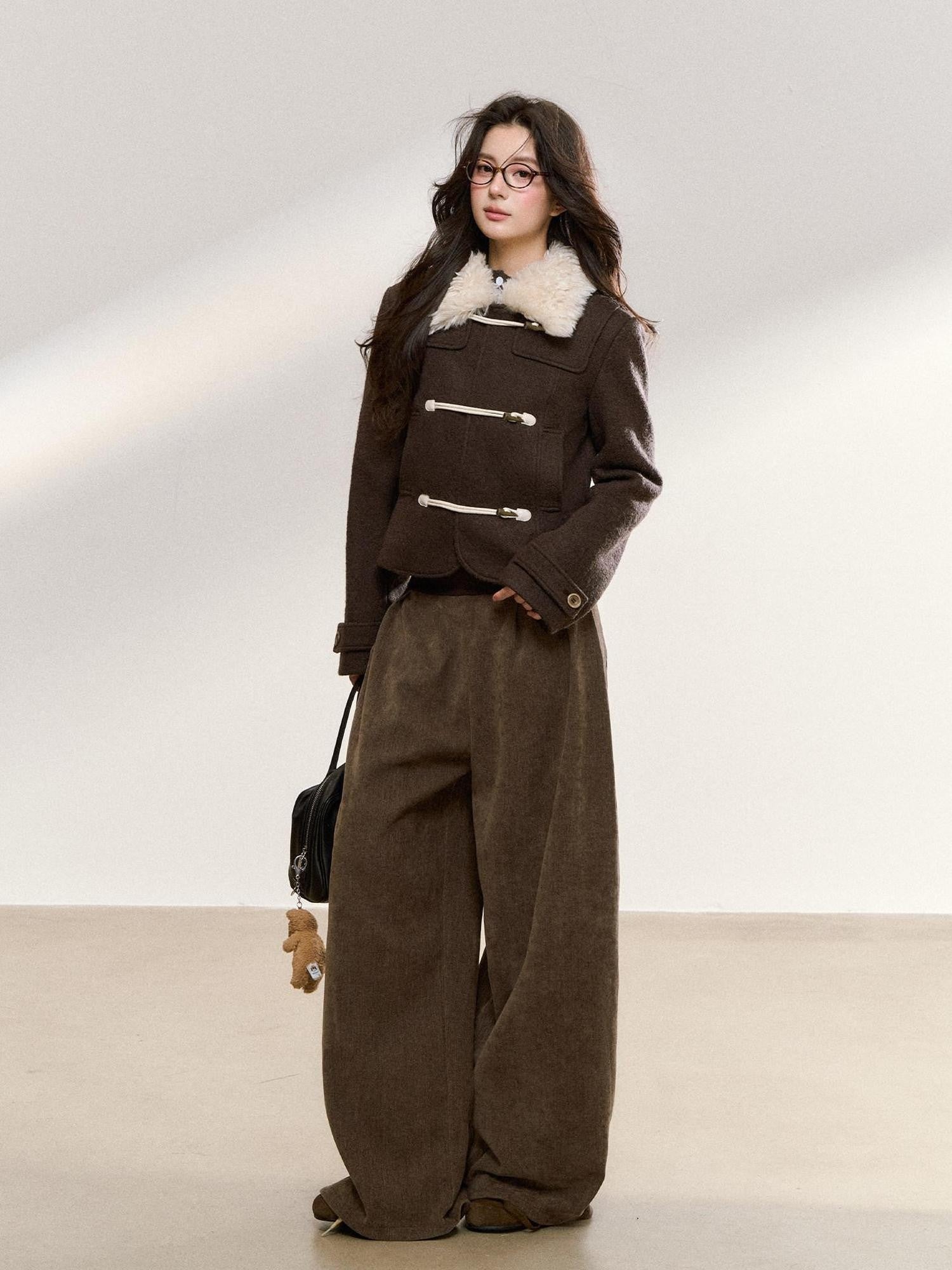 7Shiftin Brown Spliced Quilted Fur Collar Toggle Slim Women&