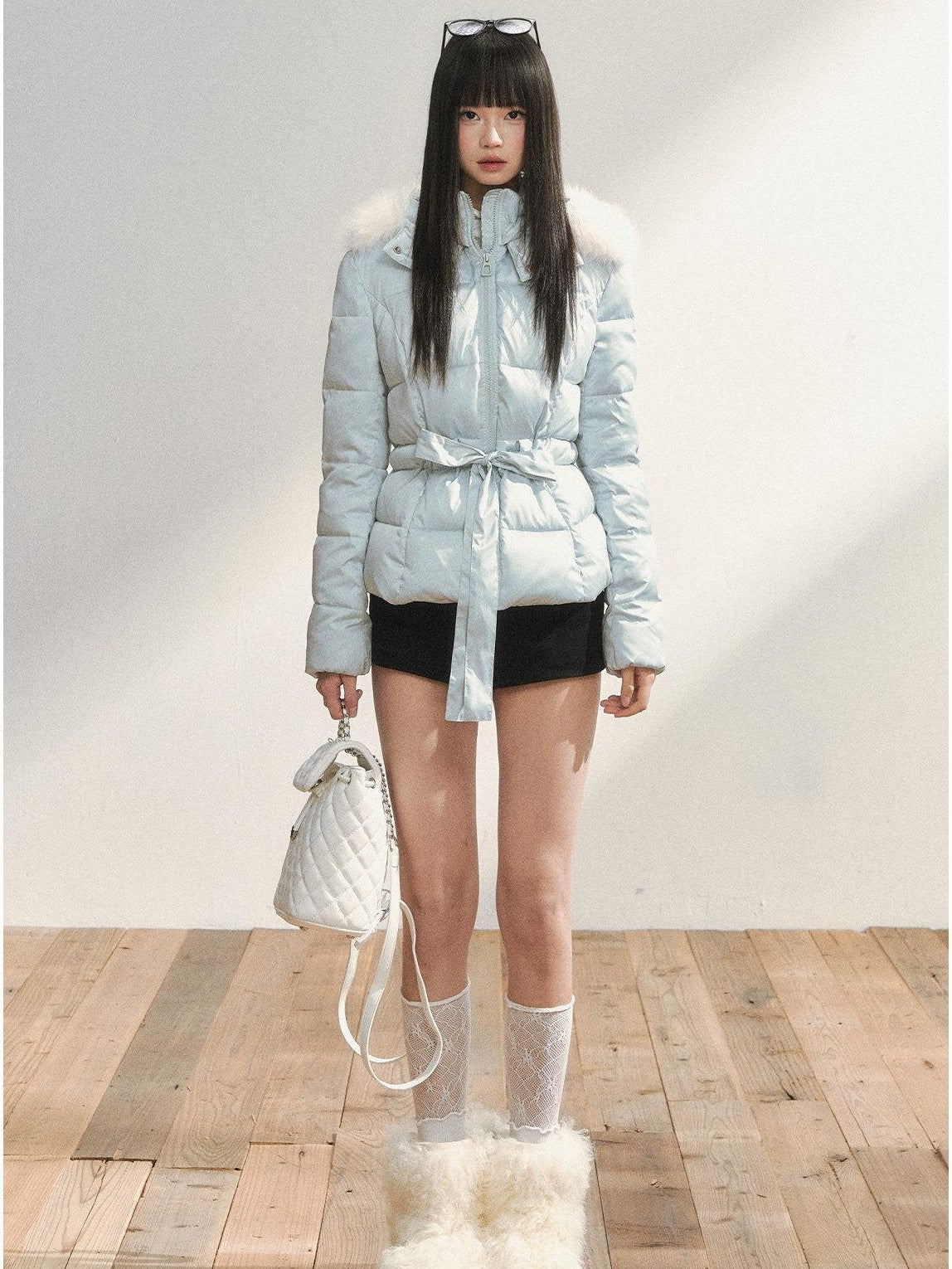 7Shiftin Colorblock Detachable Fur Hood Fitted Waist Women&