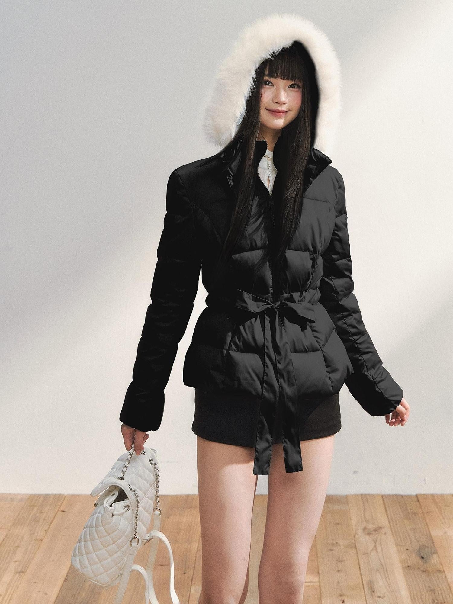 7Shiftin Colorblock Detachable Fur Hood Fitted Waist Women&