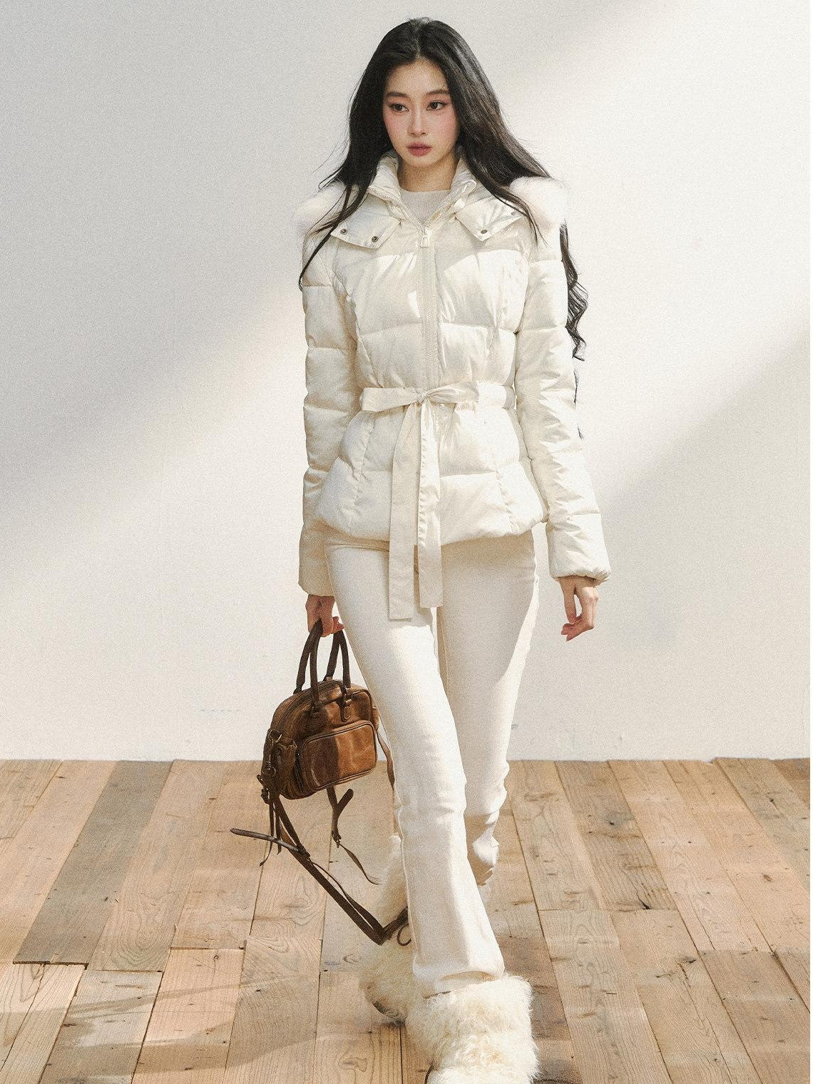 7Shiftin Colorblock Detachable Fur Hood Fitted Waist Women&