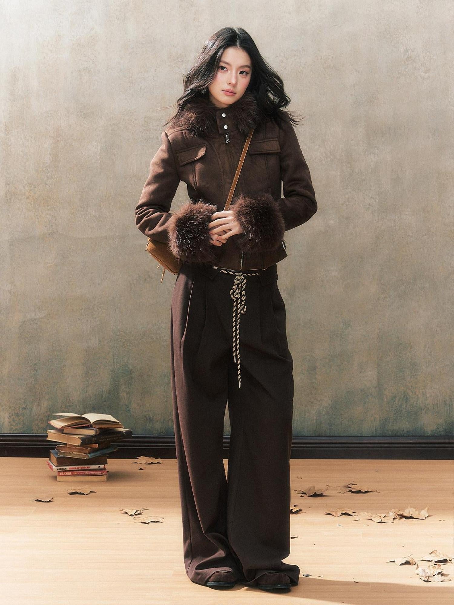 7Shiftin Deep Brown Suede Fur Collar Hooded Slim Pocket Cropped Women&