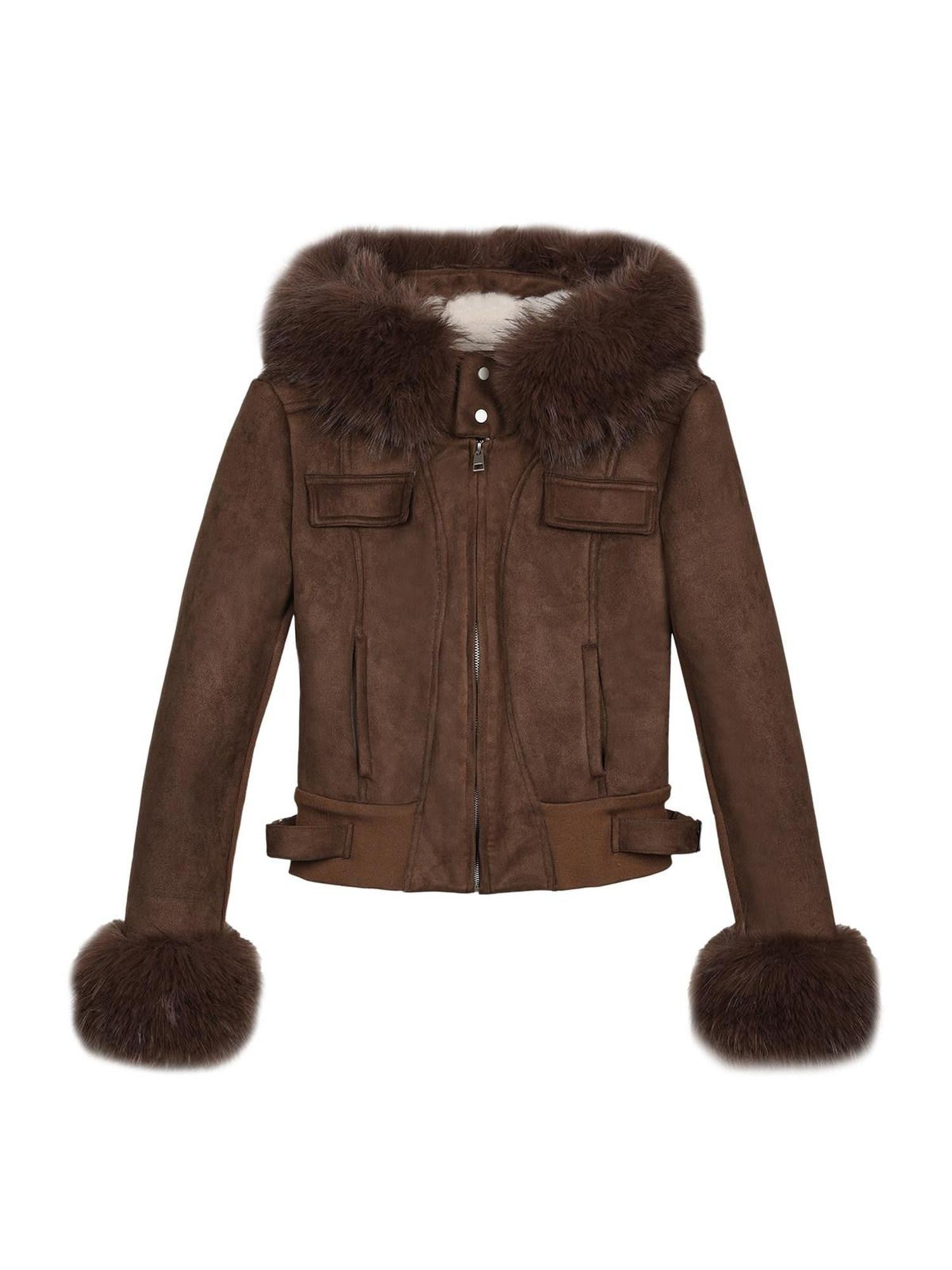 7Shiftin Deep Brown Suede Fur Collar Hooded Slim Pocket Cropped Women&