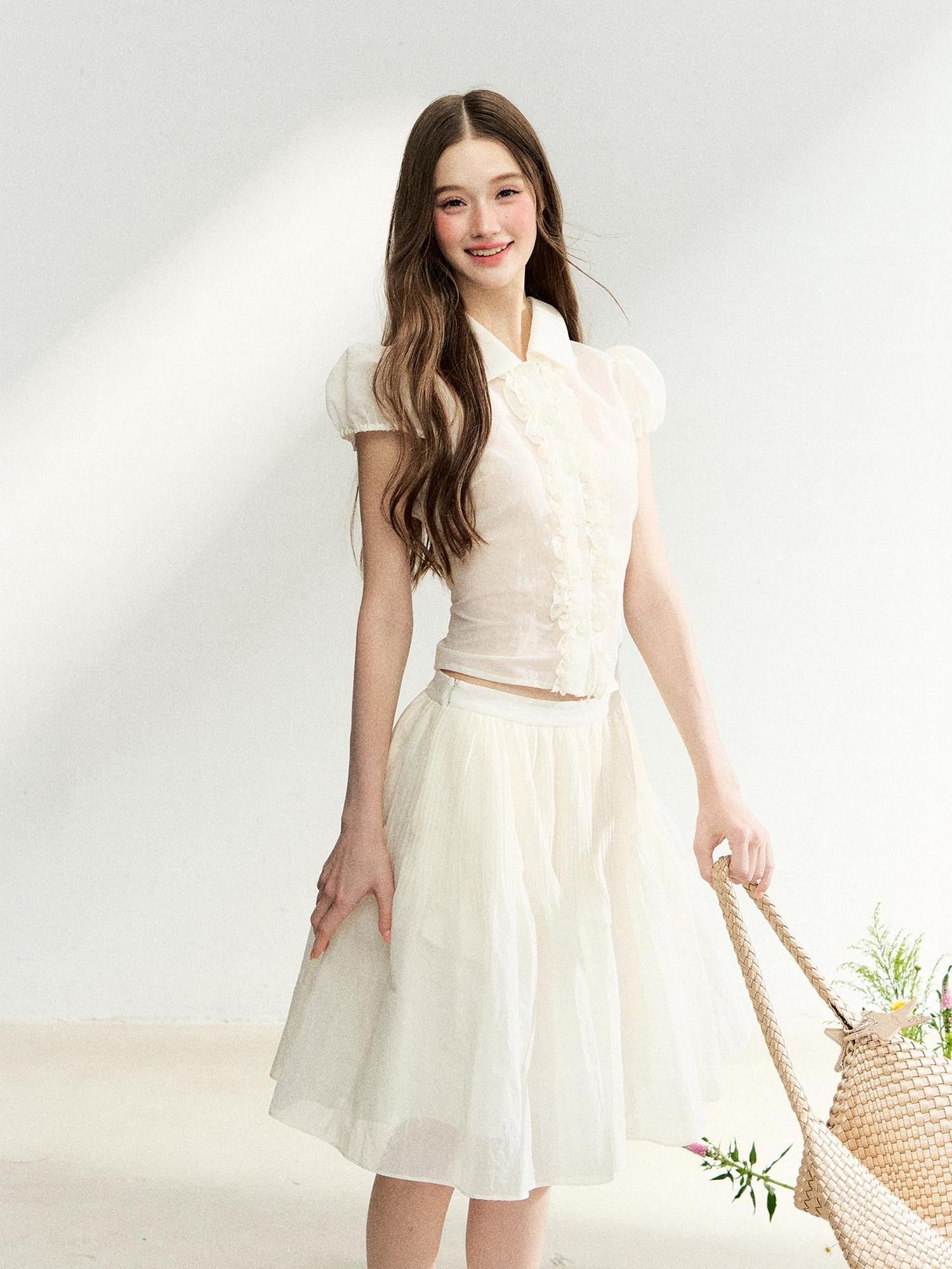 7Shiftin French Doll Collar Lace Puff Sleeve High Waist Women&