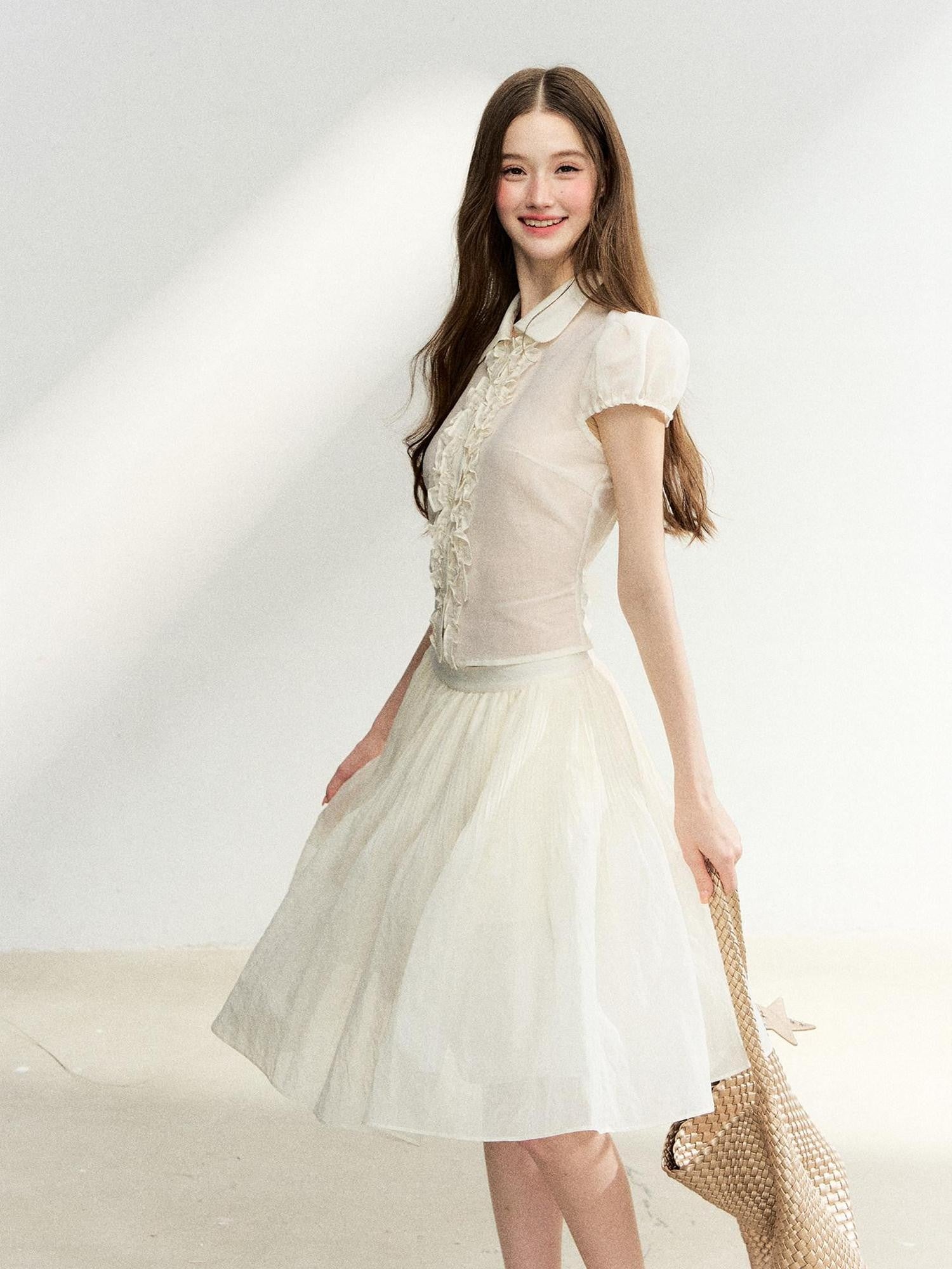 7Shiftin French Doll Collar Lace Puff Sleeve High Waist Women&