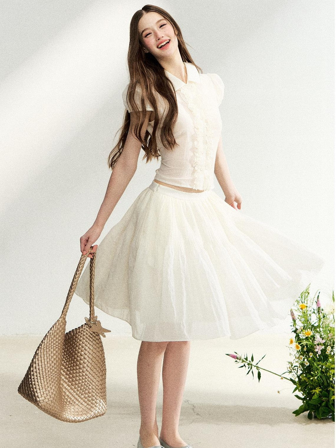 7Shiftin French Doll Collar Lace Puff Sleeve High Waist Women&
