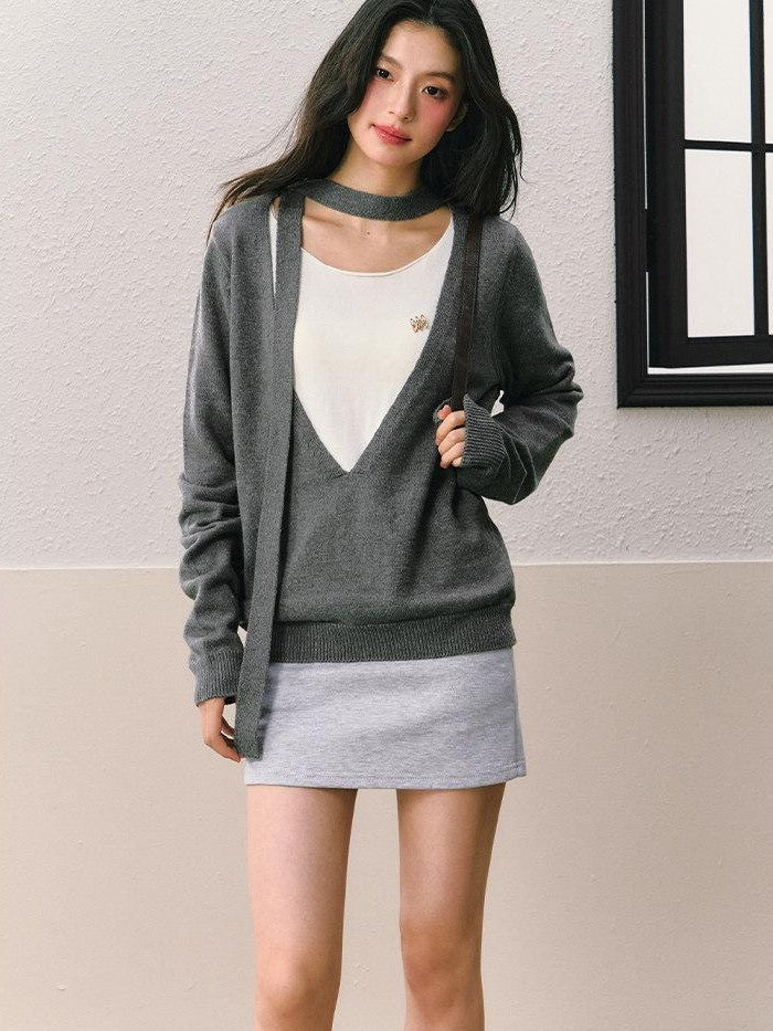 7Shiftin Gray Faux Two Piece Slim Fit Round Neck Long Sleeve Women&