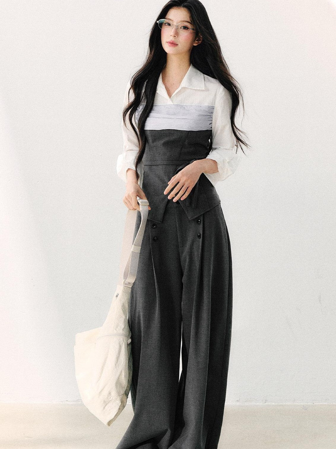 7Shiftin Gray Mock Two Piece Collared Adjustable Tie Women&