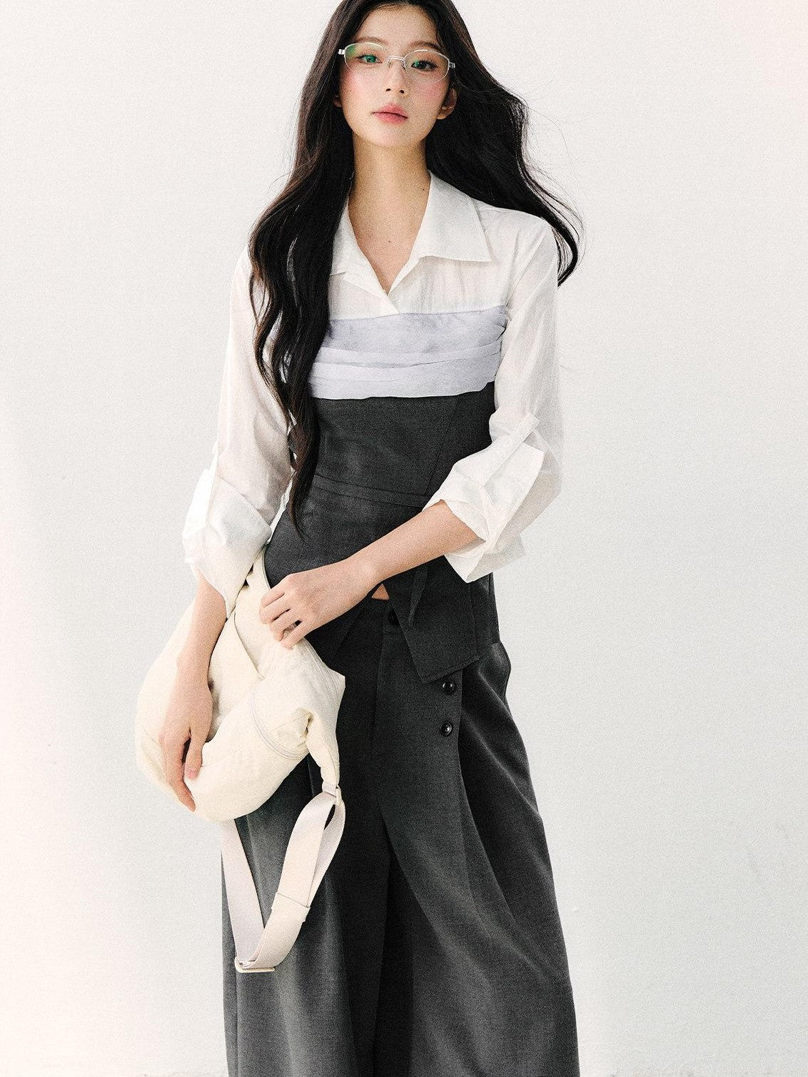 7Shiftin Gray Mock Two Piece Collared Adjustable Tie Women&