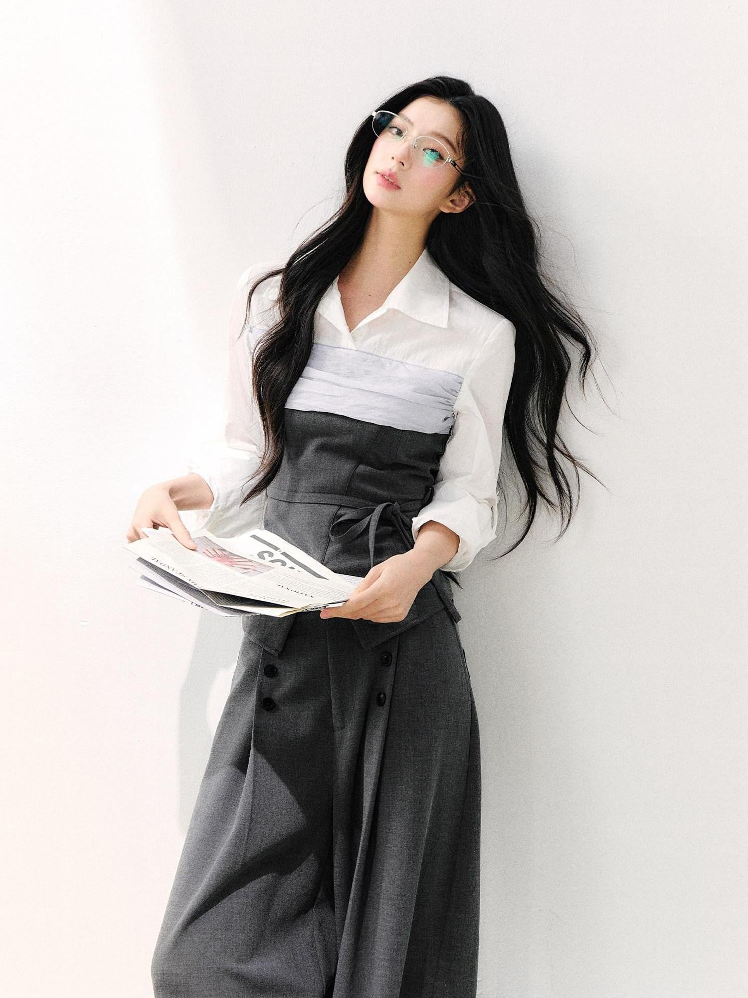 7Shiftin Gray Mock Two Piece Collared Adjustable Tie Women&