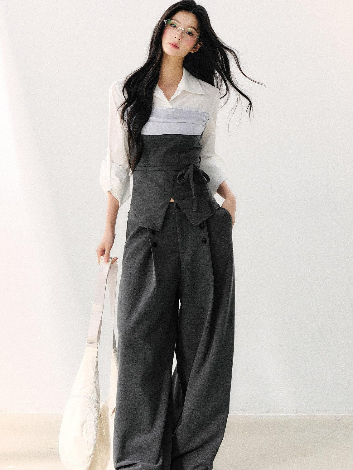 7Shiftin Gray Mock Two Piece Collared Adjustable Tie Women&