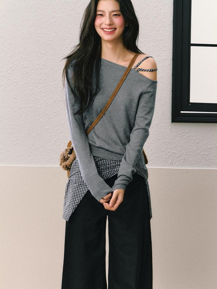7Shiftin Gray Off Shoulder Apron Detail Wide Leg Women&