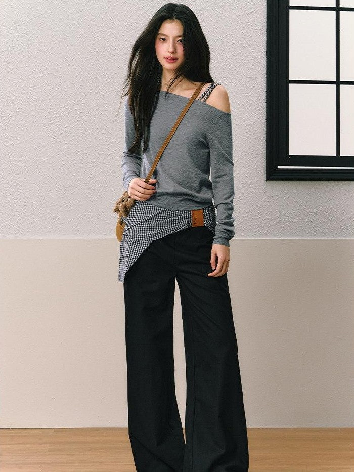 7Shiftin Gray Off Shoulder Apron Detail Wide Leg Women&
