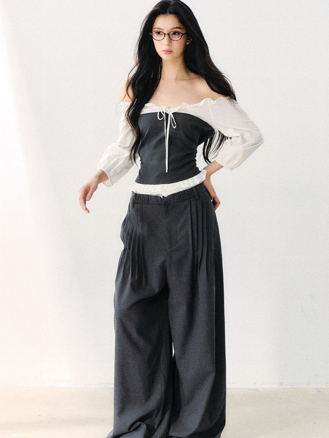 7Shiftin Gray Off Shoulder Puff Sleeve Ruffle Tie Women&