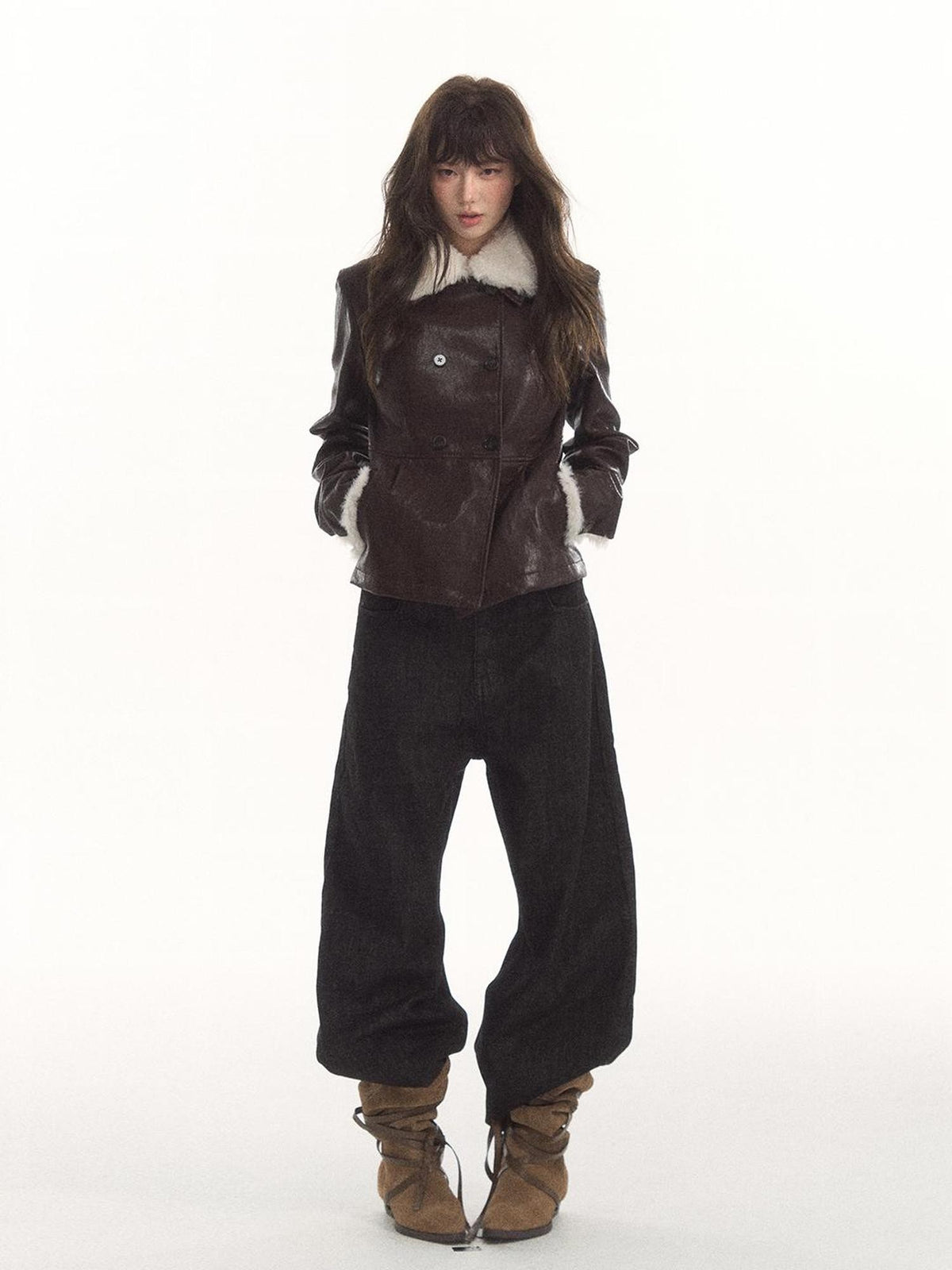 7Shiftin High Waist Double Breasted Faux Fur Panel Matte Women&