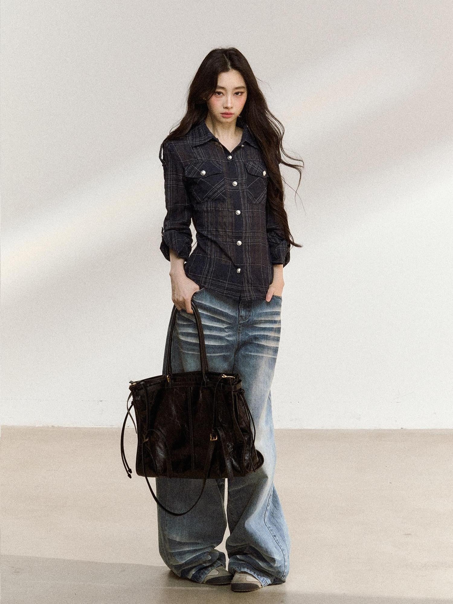 7Shiftin Irregular Plaid Polo Button Women&