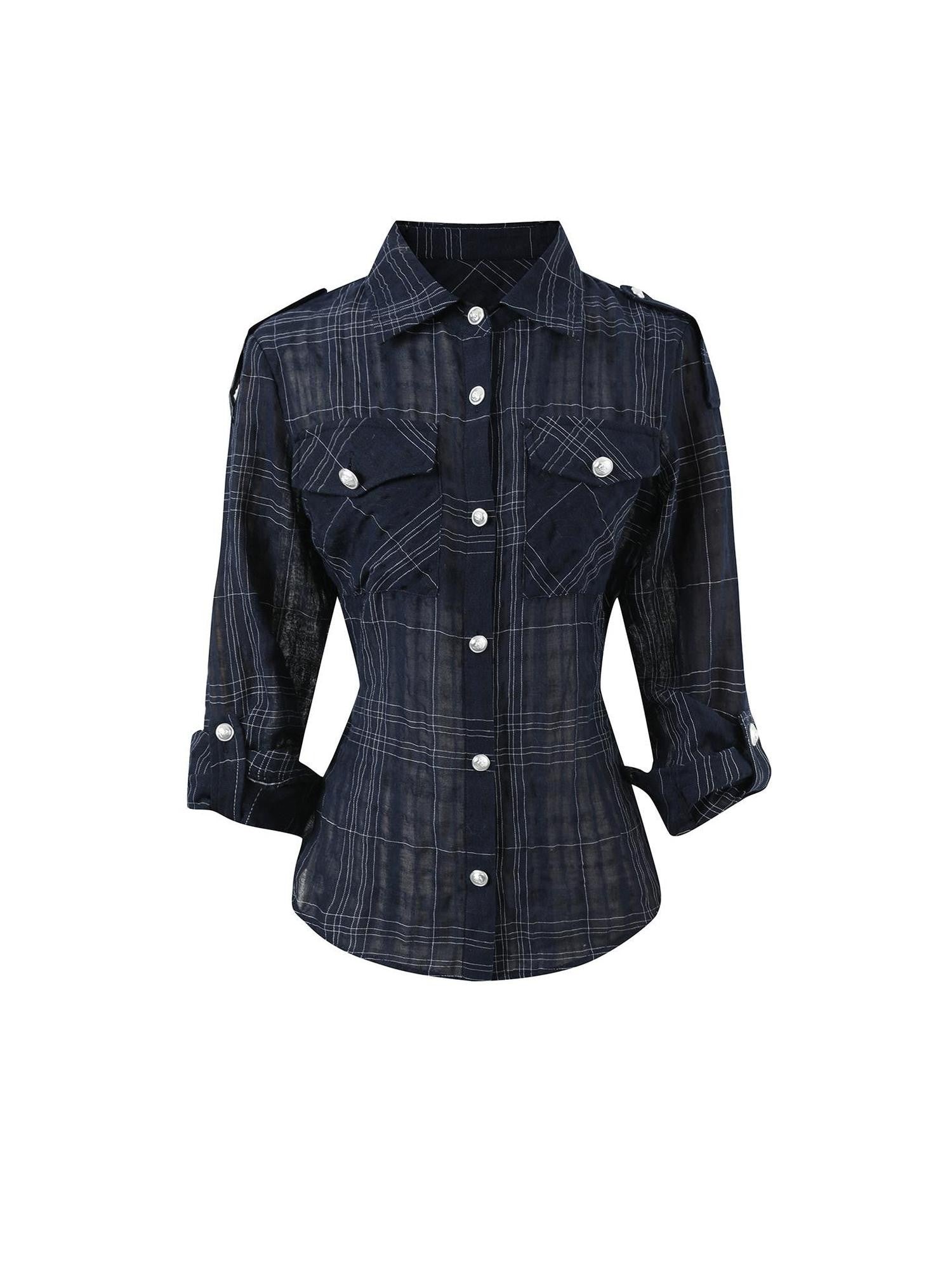 7Shiftin Irregular Plaid Polo Button Women&