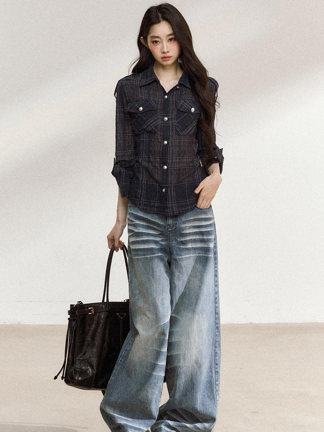 7Shiftin Irregular Plaid Polo Button Women&