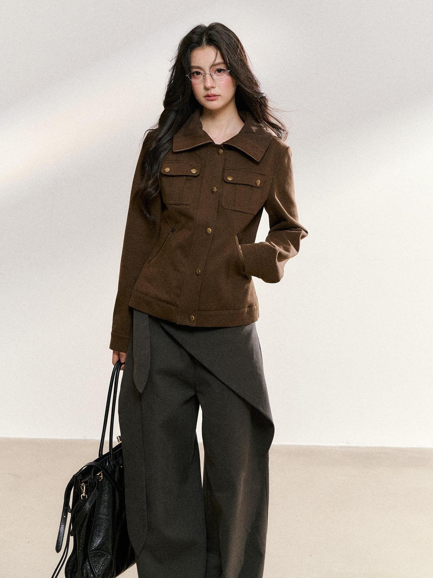 7Shiftin Khaki Korean Vintage Stand Collar Button Short Slim Fit Women&