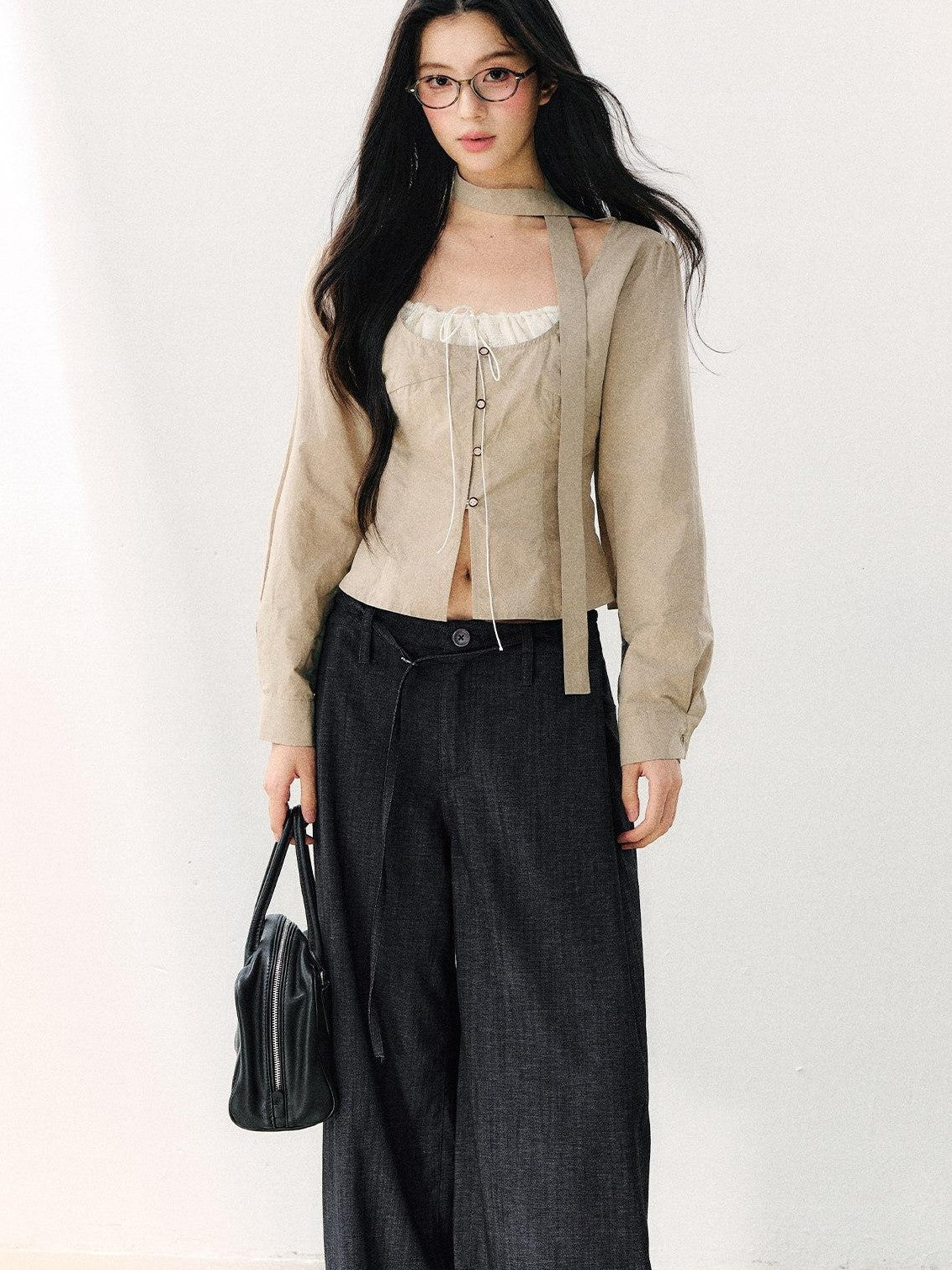 7Shiftin Khaki Tie Square Neck Faux Two Piece Spliced Women&
