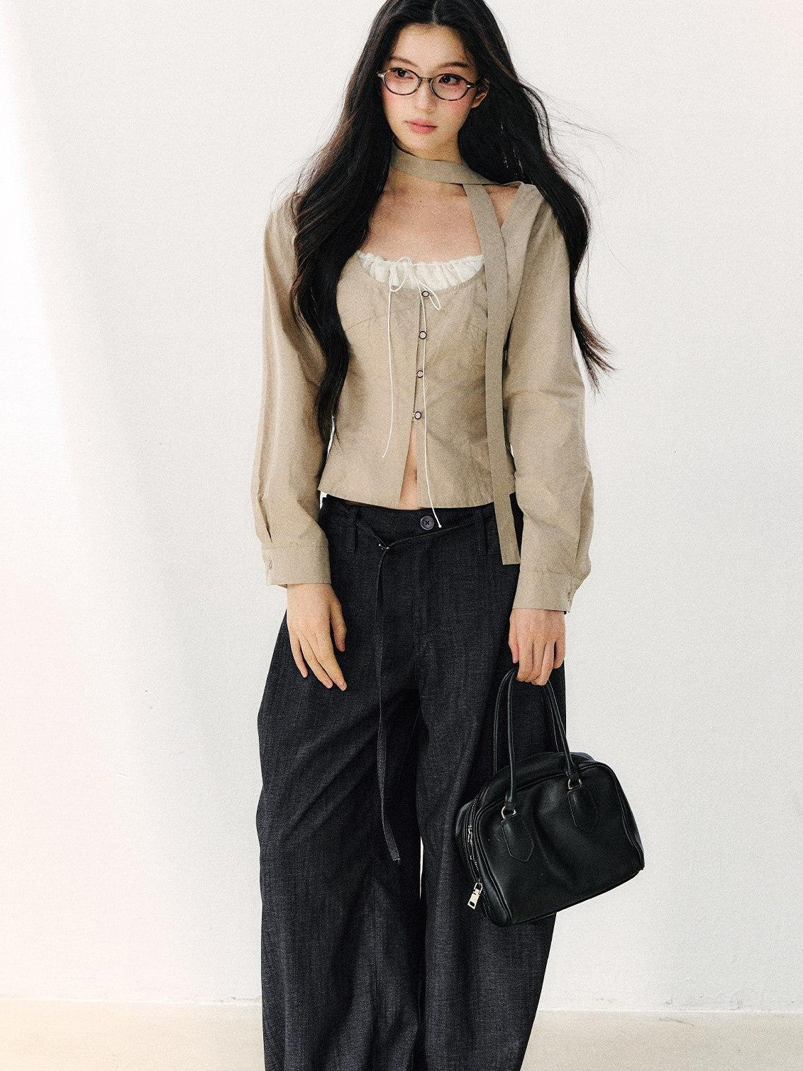 7Shiftin Khaki Tie Square Neck Faux Two Piece Spliced Women&