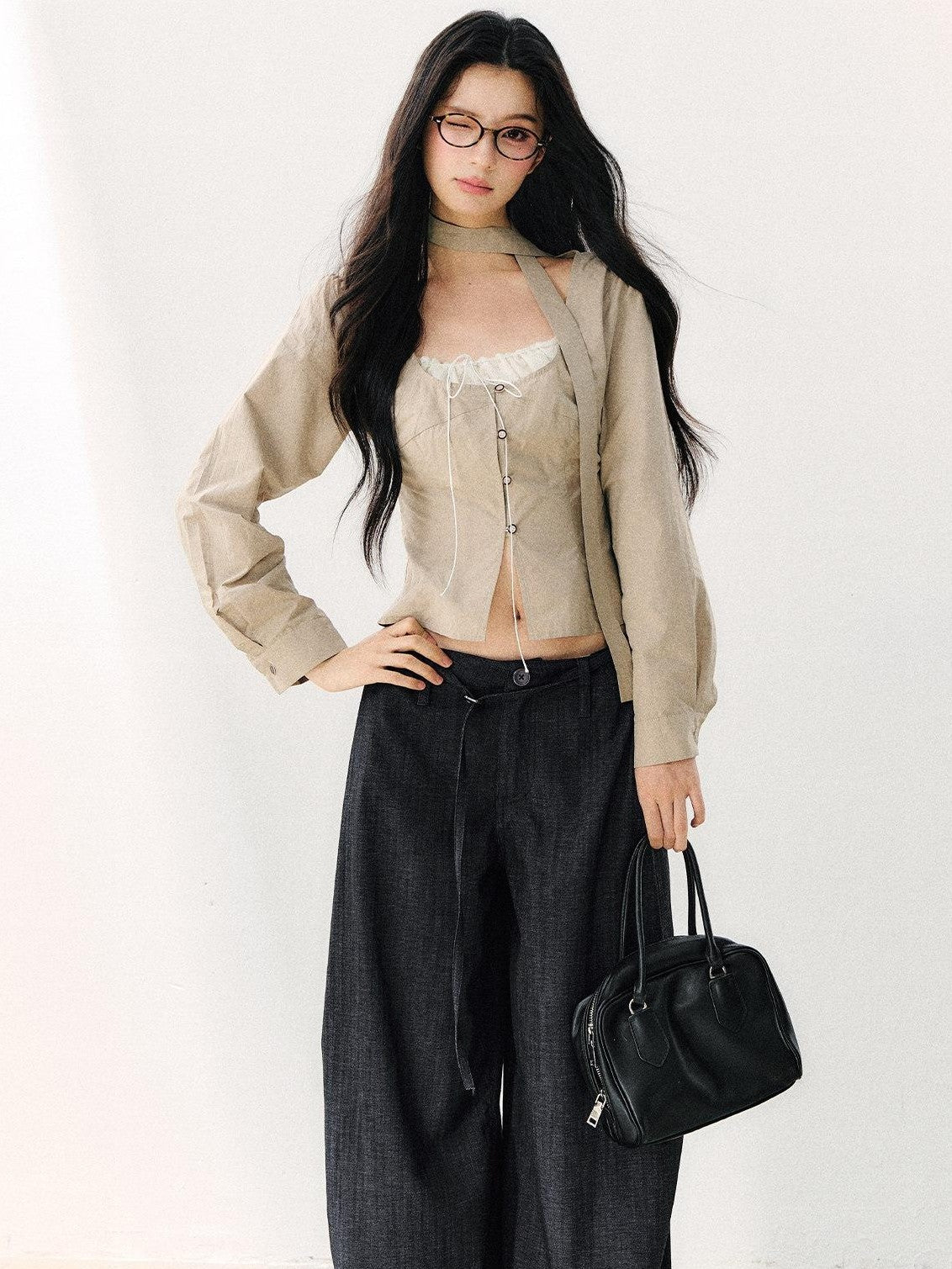 7Shiftin Khaki Tie Square Neck Faux Two Piece Spliced Women&