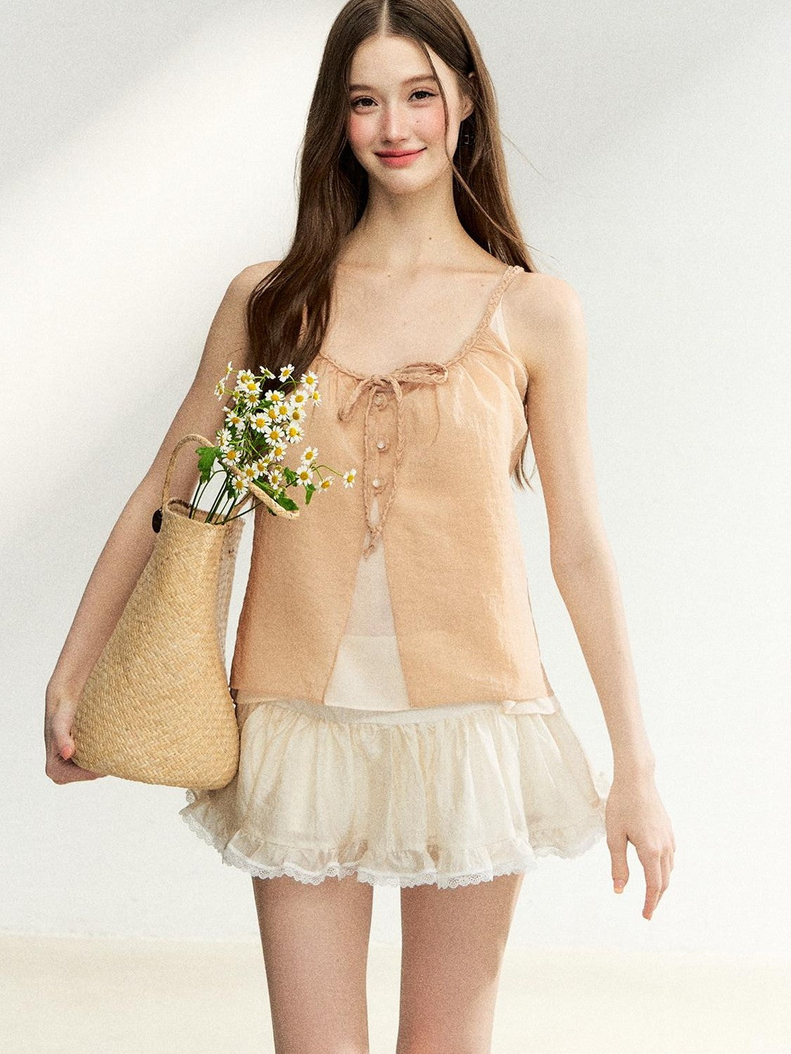 7Shiftin Layered Two Piece Tie Bow Sheer Cardigan Women&