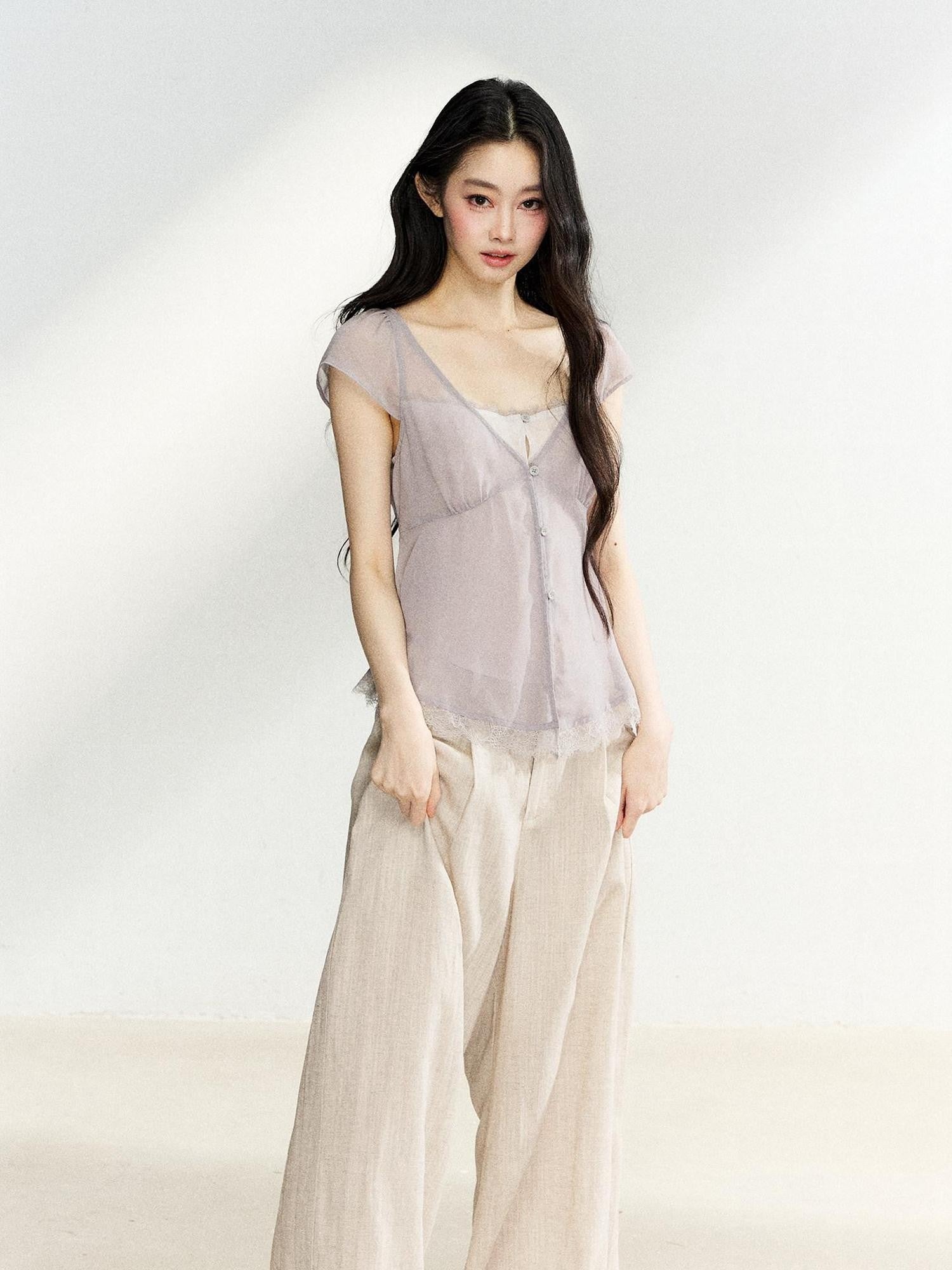 7Shiftin Lilac Lace Trim Cinched V-neck Faux Layered Women&
