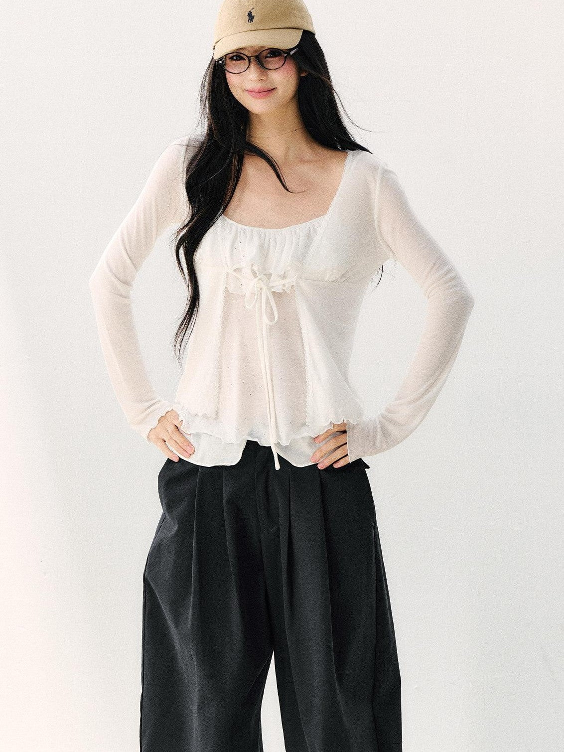 7Shiftin Long Sleeve Bowknot Tie Slim Fit Two Piece Women&
