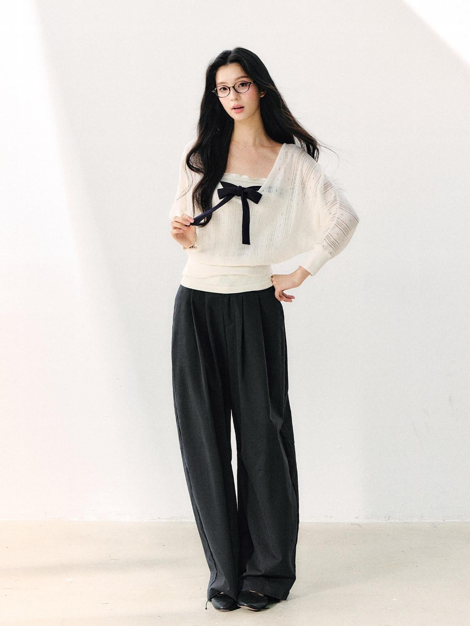 7Shiftin Minimal Casual Bow Cutout Two Piece Waist Cinch Women&