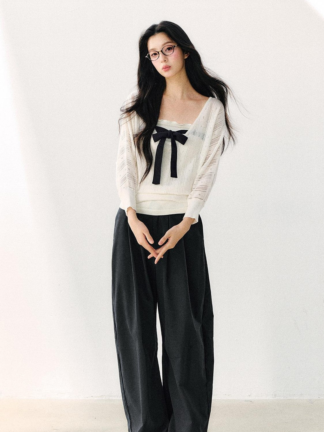 7Shiftin Minimal Casual Bow Cutout Two Piece Waist Cinch Women&