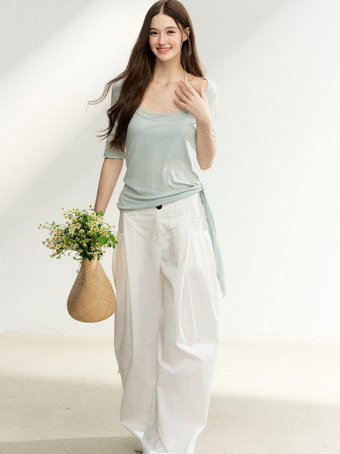 7Shiftin Mist Green Square Neck Tie Waist Slimming Women&