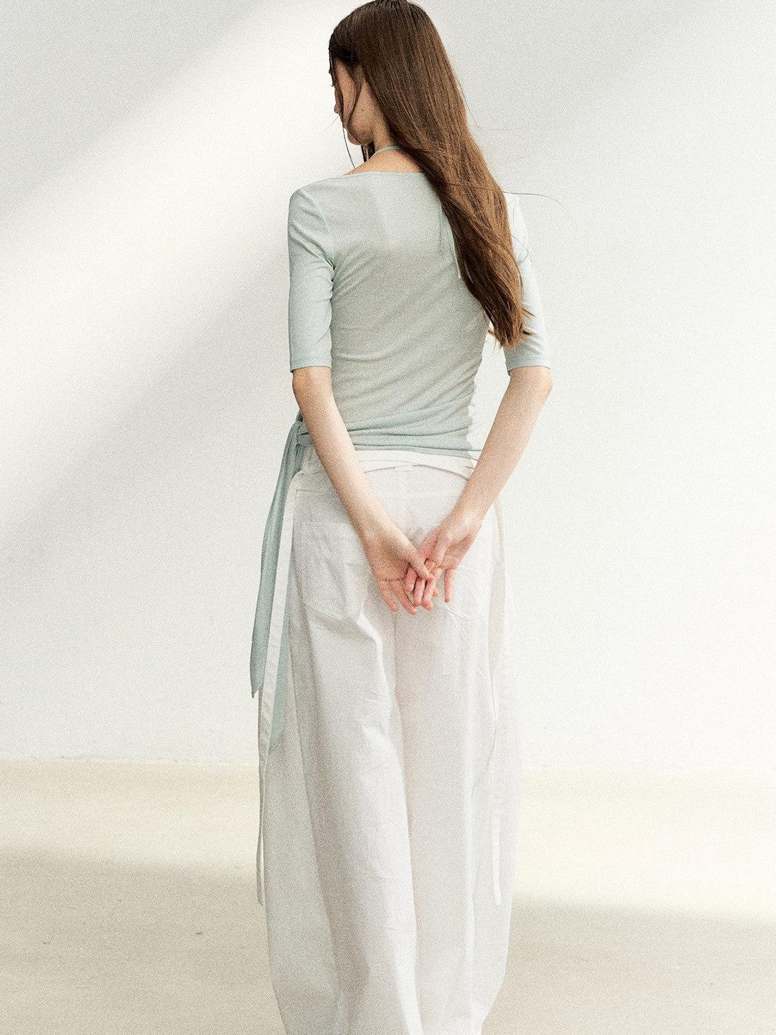 7Shiftin Mist Green Square Neck Tie Waist Slimming Women&