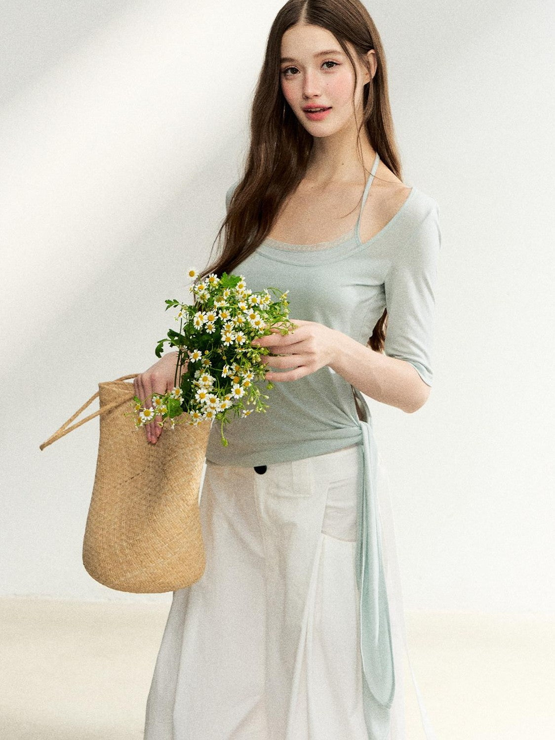 7Shiftin Mist Green Square Neck Tie Waist Slimming Women&