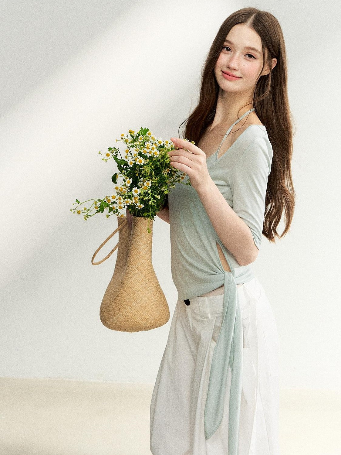 7Shiftin Mist Green Square Neck Tie Waist Slimming Women&