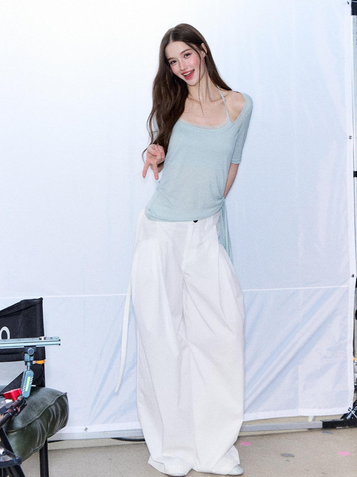 7Shiftin Mist Green Square Neck Tie Waist Slimming Women&
