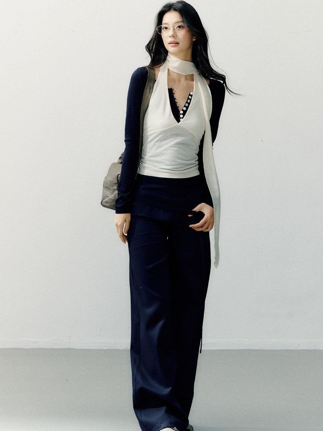 7Shiftin Navy Folded Waist Low Rise Drapey Women&