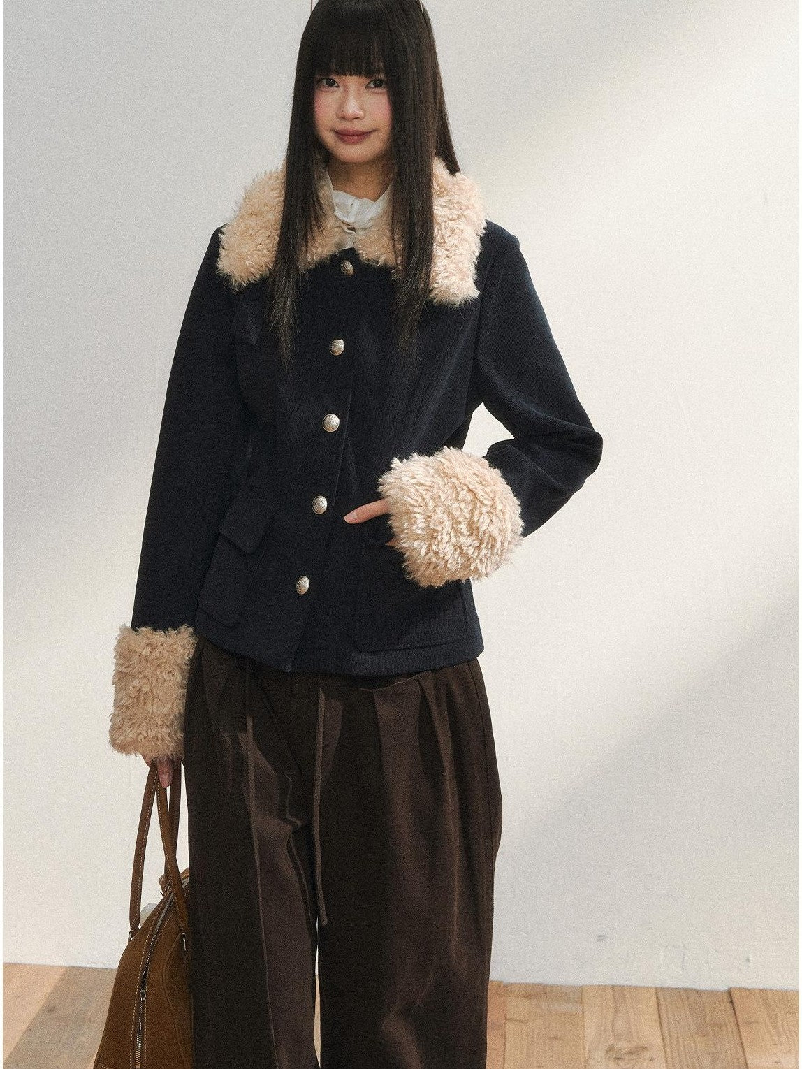 7Shiftin Navy Fur Panel Lapel Slim Fit Women&