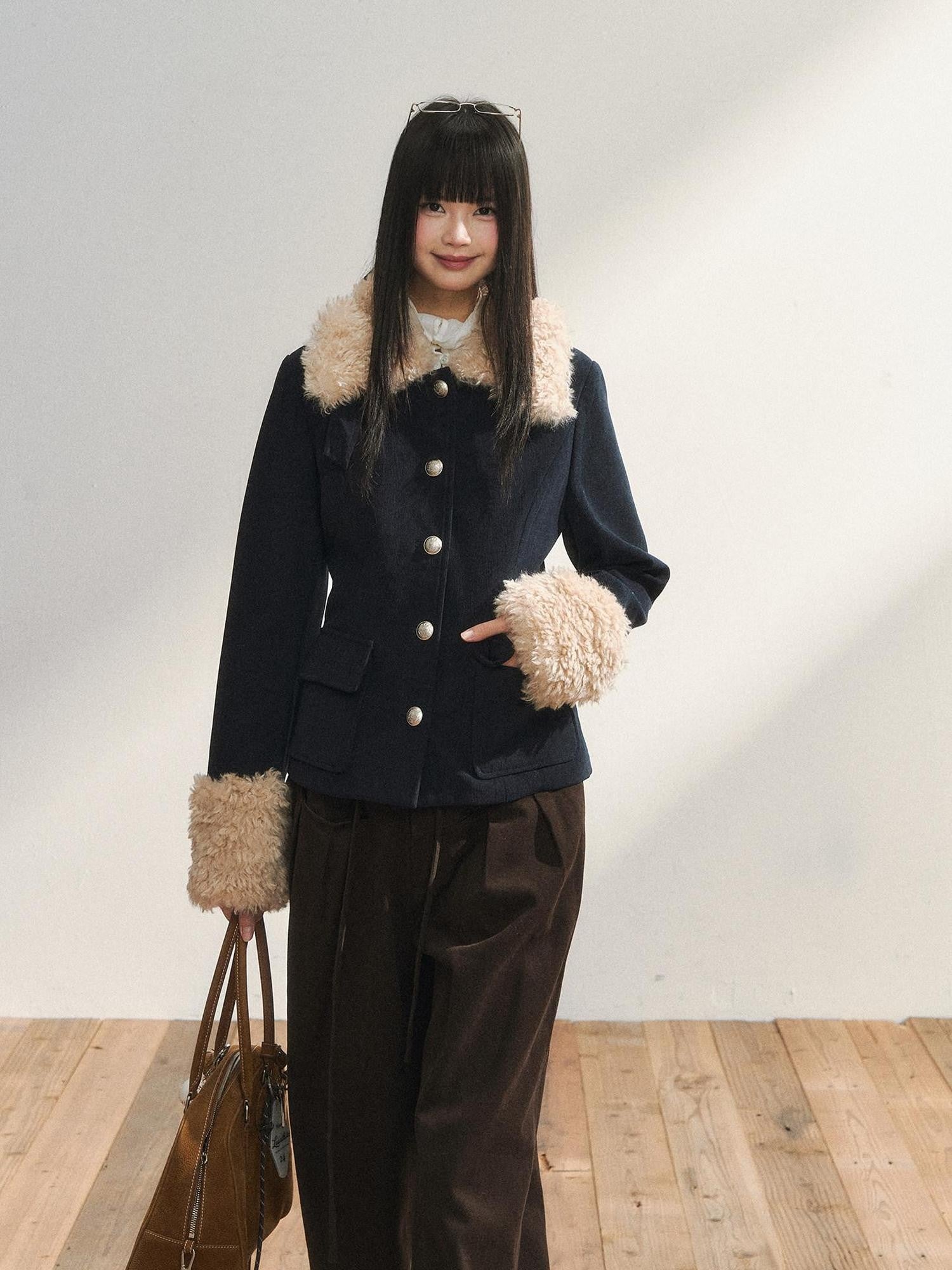 7Shiftin Navy Fur Panel Lapel Slim Fit Women&