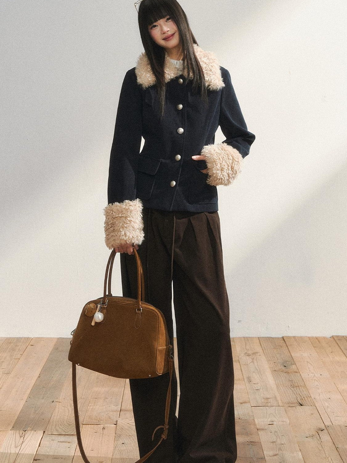 7Shiftin Navy Fur Panel Lapel Slim Fit Women&