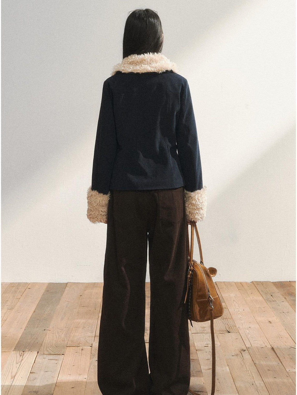 7Shiftin Navy Fur Panel Lapel Slim Fit Women&