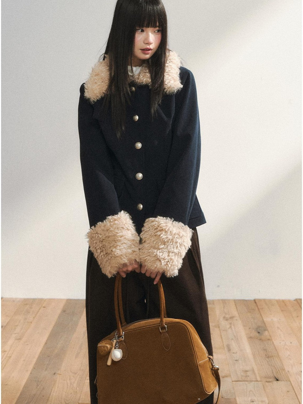7Shiftin Navy Fur Panel Lapel Slim Fit Women&