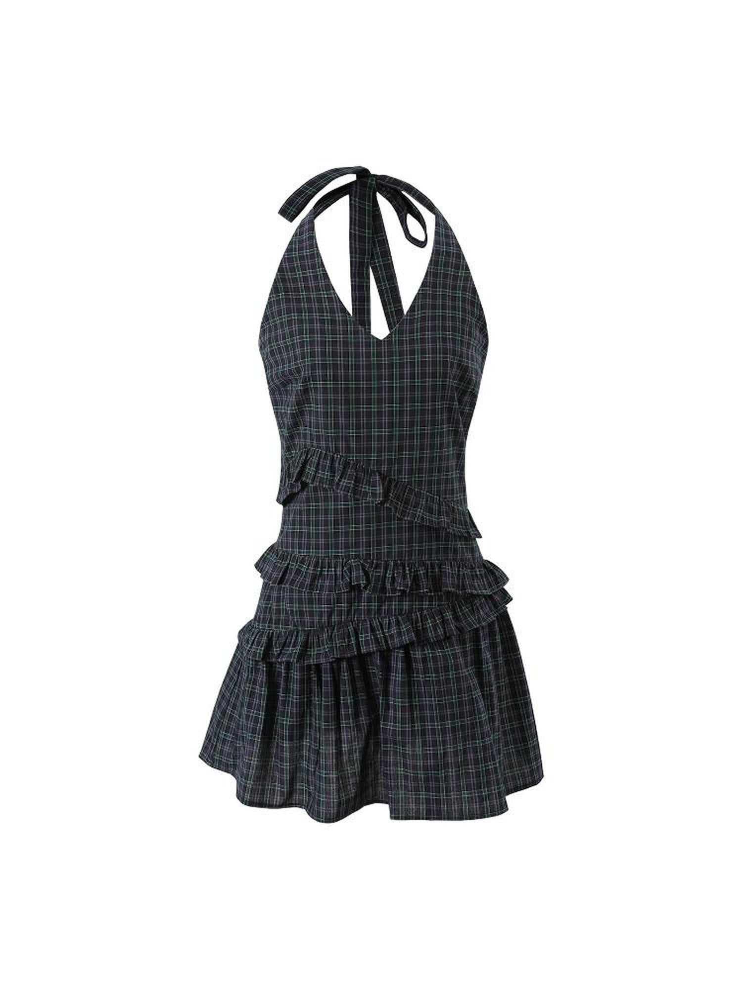 7Shiftin Navy Plaid Pleated Cinched Waist V-neck Women&