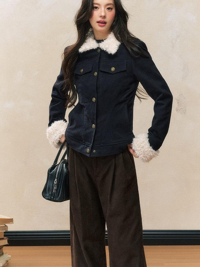 7Shiftin Navy Quilted Slim Fit Faux Fur Collar Button Front Women&