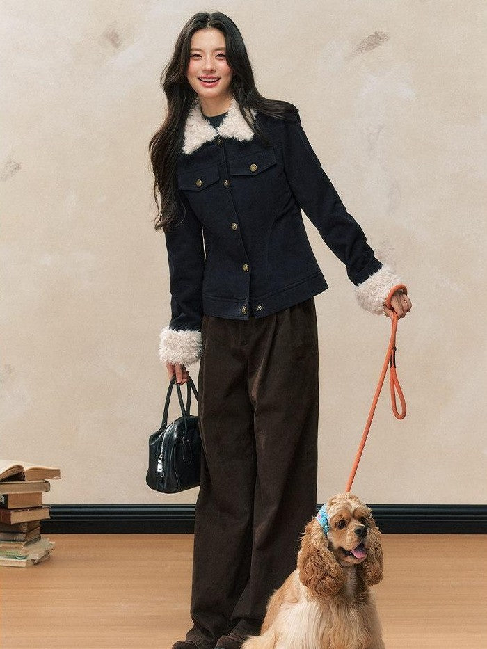 7Shiftin Navy Quilted Slim Fit Faux Fur Collar Button Front Women&