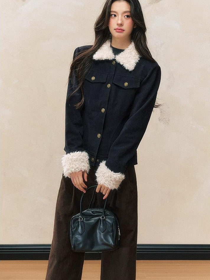 7Shiftin Navy Quilted Slim Fit Faux Fur Collar Button Front Women&