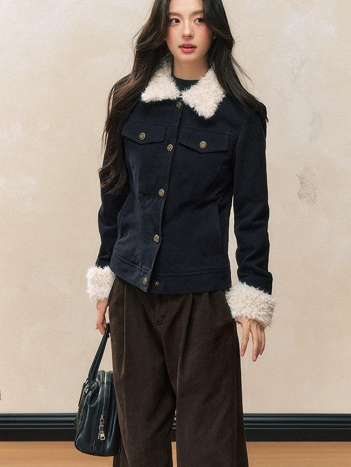 7Shiftin Navy Quilted Slim Fit Faux Fur Collar Button Front Women&