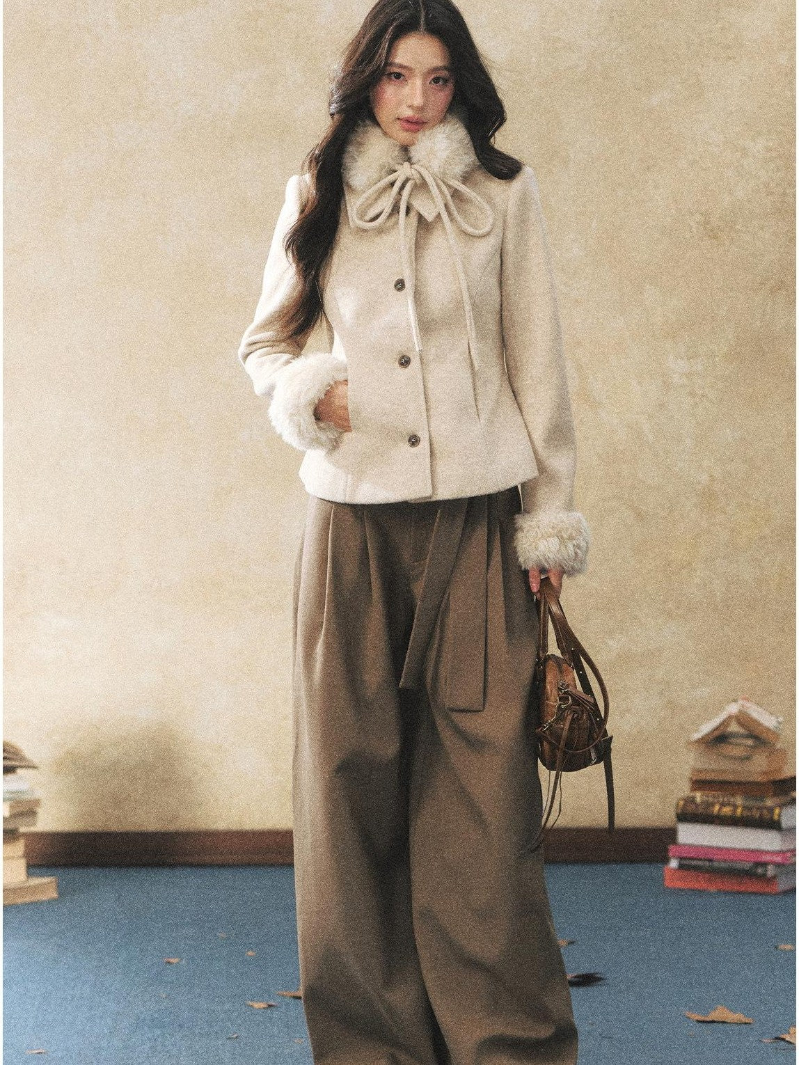 7Shiftin Oatmeal Removable Fur Collar Bow Scarf Women&