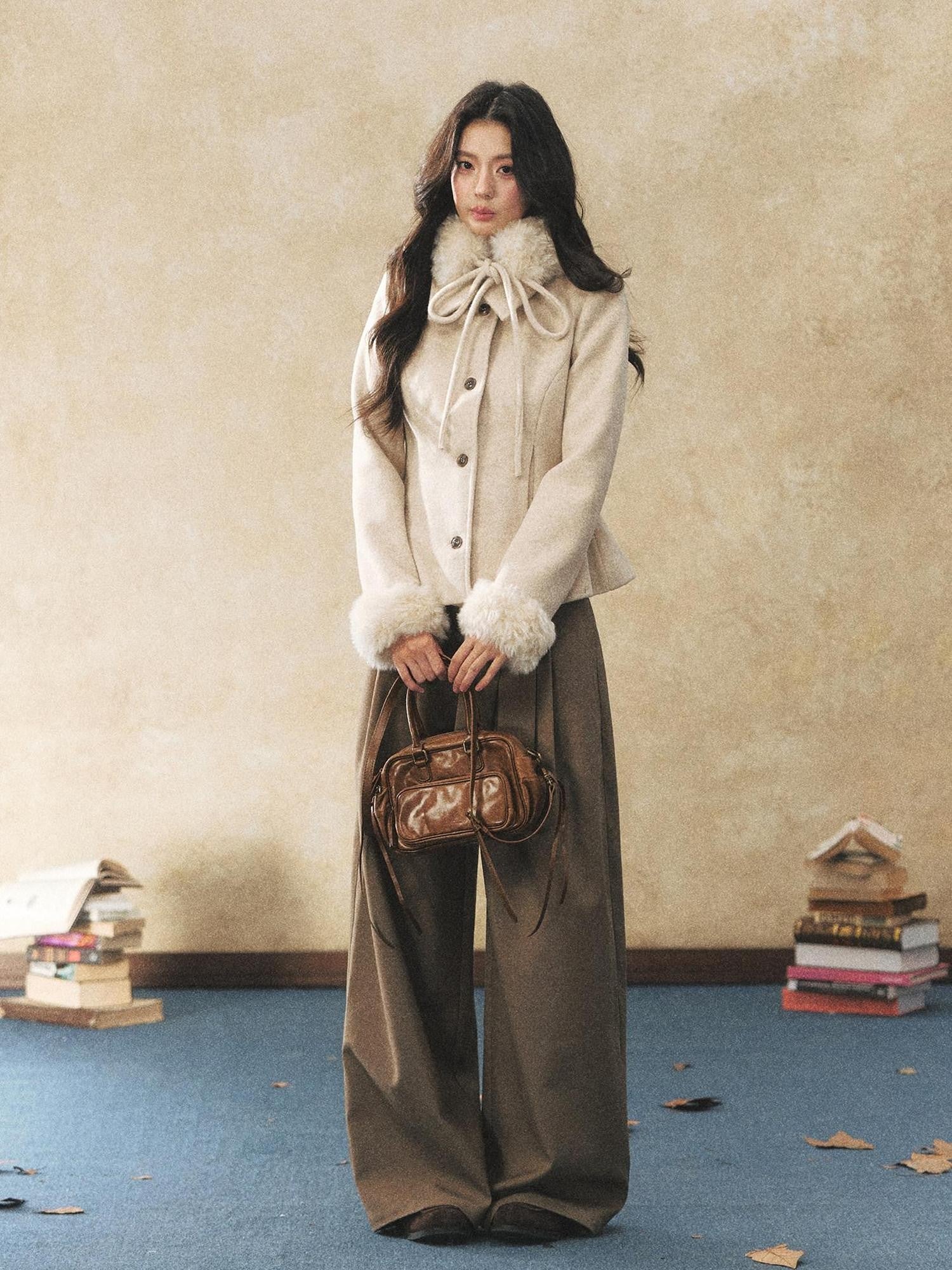 7Shiftin Oatmeal Removable Fur Collar Bow Scarf Women&