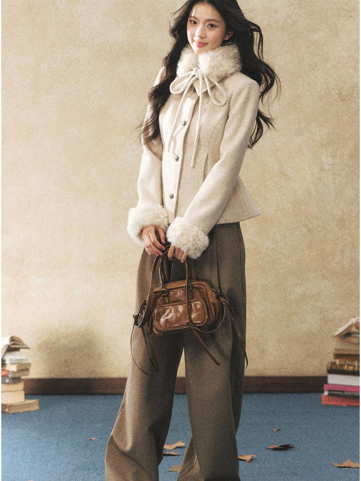 7Shiftin Oatmeal Removable Fur Collar Bow Scarf Women&